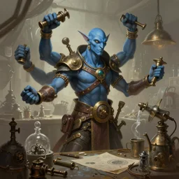 a four - armed, blue - skinned vedalken artificer in a steampunk tinker's laboratory, digital painting, trending on artstation, concept art, sharp focus, illustration, art by artgerm, greg rutkowski, and magali villeneuve
