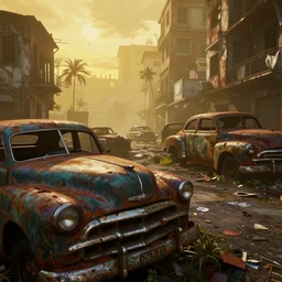fallout 4 : miami, ruined city environment, rusted vintage cars and trucks mysterious atmospheric lighting, matte painting, intricate, iridescent, volumetric lighting, beautiful, rich deep colours masterpiece, fog golden hour, golden ratio, sharp focus, ultra detailed, by leesha hannigan, ross tran, thierry doizon, kai carpenter, ignacio fernandez rios