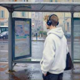 painting of a guy with white hoodie and headphones at a bus stop in genoa rainy day by monet