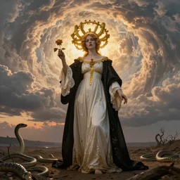 rembrandt style golden saint zombie character with female body, pose wearing white and black victorian robe with an aureola made of golden cactae over the head and holding a rose, with warm backlight.  background: whirlpool of clouds forming an angelic circle. sunset light. beneath there's a barren land with serpents. apocalyptic. low angle.