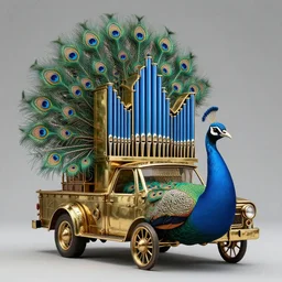peacock - shaped steampunk peacock - shaped pickup truck with a tall brass baroque pipe organ on the back with blue, very tall brass organ pipes, organ pipes splayed in the back, green and purple, brass peacock, pipeorgan, hyper realism, studio lighting 0 0 0 0 0 1