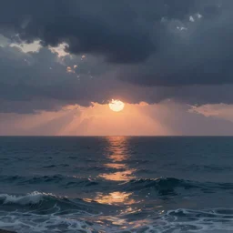 Sun coming in the sea after a storm, beautiful landscape, digital painting, realistic, 4k, trending in ArtStation, beautiful and romantic, detailed water