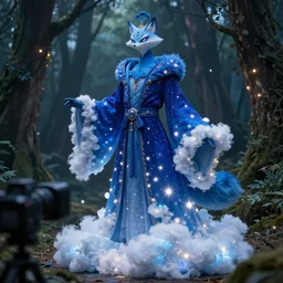 character sheet of a starry blue fox peacock druid wearing magic imbued cotton cloud mage robes with fairy lights stitched on the fabric to resemble stars, cinematic, forest backdrop, led lights, cotton cloud mage robes, dungeons and dragons, fantasy art, the legend of vox machina, anime, dynamic camera angle