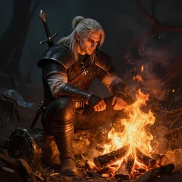 geralt the witcher 3 sitting in the burning smoking fire at night beautiful warmth hot d & d fantasy intricate elegant highly detailed digital painting artstation concept art matte sharp focus illustration hearthstone art by artgerm art by greg rutkowski art by alphonse mucha
