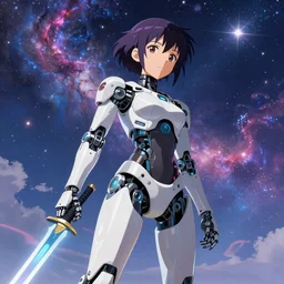 makoto shinkai. robotic android girl. futuristic cyberpunk. dystopia. vibrant nebula sky............................................. light sword