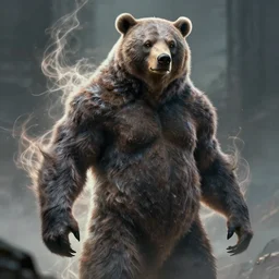 a mythical human body bear faced hybrid, concept art, portrait, epic, trending on artstation, very detailed, 4 k, hd, dramtic lighting, flowing energy, by beeple