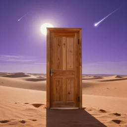 a wooden door lost in the middle of a desert of multicoloured sand with meteors flying in the back of the purple sky shining sun