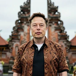 elon musk wearing batik bali in bali. temple background. front view. instagram holiday photo shoot, perfect faces, corrected faces, 3 5 mm, award winning photography