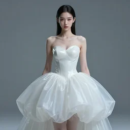 an early 0 0's aesthetic digital portrait of a futuristic cyber beautiful girl detailed features wearing a latex wedding dress with a puffy skirt designed by issey miyake artstation, realistic by ichiro tanida and armin vit