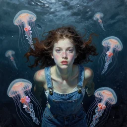 ultra realistic portrait painting of a girl underwater surrounded by bioluminescent jellyfish, art by frank frazetta, vintage levi ’ s ad, stormy weather, dark vibes, 4 k, ultra realistic, highly detailed, epic lighting