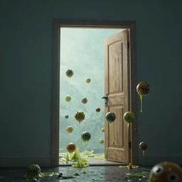 a door in the sky full of slimy balls rushing through it,cinematic,realistic,hyperdetailed,ultradetail