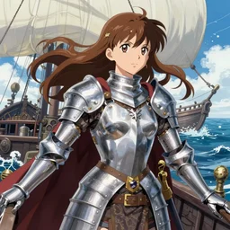 An epic fantastic realism comic book style painting of a medieval woman ship pilot, wearing shiny breastplate, ship at sea, Kimi no Na Wa, dynamic lighting