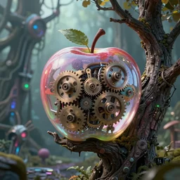 intricate mechanical translucent apple with visible gears inside, growing off a tree, on the background of a weird magical mechanical forest. Very detailed 8k. Fantasy cyberpunk horror. Sharp. Cinematic post-processing
