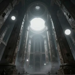 the depths of a matrioshka world, large pillars holding up an artificial ceiling, photorealistic imax quality, artstation front page, high brutalist architecture, misty environment, ominous white diffuse orbs of light, escher and lovecraft influences