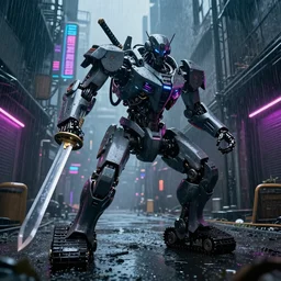a mech like robot with treads swinging a samurai sword. Rainy Grungy neon cyberpunk alleyways in the background Badass pose , Photo realistic , Gregory Crewdson , Award winning. Masterpiece, exquisite detail, post processing