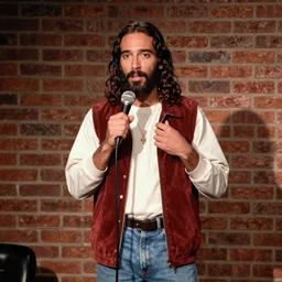 Photo still of Jesus Christ in 1990s clothing doing a stand-up routine in front of a brick wall in a dimly lit comedy club, in the style of the TV show  Seinfeld (1994)