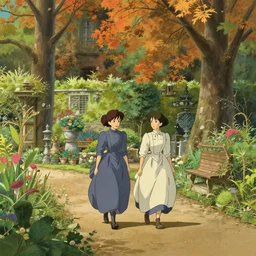 two girls in victorian dress taking a walk in victorian english garden, wide angle, autumn color scheme, natural lighting, intricate details, cozy atmosphere, matte painting, illustration, by hayao miyazaki