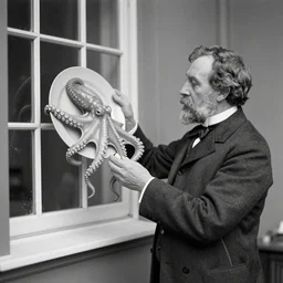 victorian scholar holding an octopus up to a window vintage photograph monochrome plate