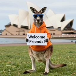 A portrait photo of a kangaroo wearing an orange hoodie and blue sunglasses standing on the grass in front of the Sydney Opera House holding a sign on his chest that says Welcome Friends!
