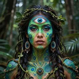 a beautiful indigenous female shaman made of vines with a third eye in the jungle, face painted in green and blue, fractals, visionary art, psychedelic art, beautiful colors, matte painting, by christophe vacher