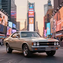 6 5 chevrolet chevelle in times square at sunset grand theft auto liberty city vibes, silent hill, photorealistic hyperdetailed 3 d matte painting, hyperrealistic, cinematic, unrealengine octane render,
