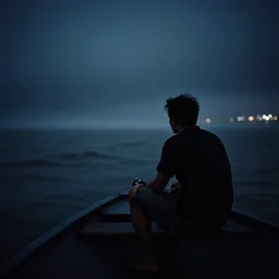lomo photo of a man sitting on a boat in the stormy sea, cinestill, bokeh, out of focus, dramatic lighting, night, dark, detailed, grainy, fog