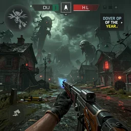 a new modern first person shooting game screenshot from a game about lovecraftian horror town full of monster game, realistic, ultra setting, highly detailed, fps game, game of the year