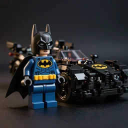 lego batman posable figure, and batmobile. moody lighting. cinematic. 4 k. studio render.