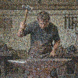 a dirty blacksmith with the hammer raised aloft in front of an anvil, 4K, realistic photo, award winning EOS-1D, f/1.4, ISO 200, 1/160s, 8K, RAW, unedited, symmetrical balance, in-frame