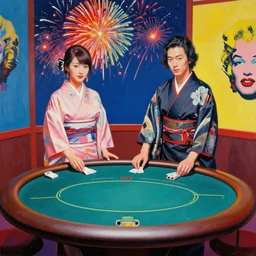hyper - realistic composition of a room with an extremely detailed poker table, croupier in traditional japanese kimono standing nearby fireworks in the background, pop art style, jackie tsai style, andy warhol style, acrylic on canvas