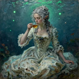 a 1 8 th century, messy, silver haired, ( ( ( mad ) ) ) fae princess ( look like ( ( young kate winslet ) ) ), dressed in a ( dirty ), wedding dress, is ( ( drinking a cup of tea ) ). everything is underwater and floating!. greenish blue tones, theatrical, ( ( green lights ) ) oil canvas by claude monet