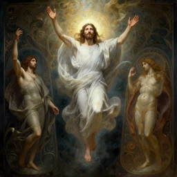 jesus ascending to heaven, intricate concept art, ethereal, ominous, dramatic lighting, Ruan Jia and Jeremy Mann and Alphonse Mucha