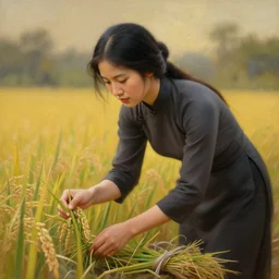 beautiful oil matte portrait painting, vietnamese woman of a rice field tending to her work, wonderful masterpiece highly detailed, beautiful cinematic light deep focus, elegant, digital painting, smooth, sharp focus, golden ratio, dramatic illumination, ultra realistic, 8 k, art by artemisia lomi gentileschi and caravaggio