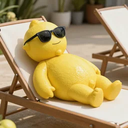 a lemon-human hybrid in sunglasses lying on a sun lounger, realistic, photorealistic, detailed, high quality, high resolution, lossless, 8K, HDR, 8K resolution