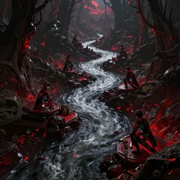 doomed river, hyper detailed, red highlights, masterpiece, ornate dark, suehiro moaruo, katsuhiro otomo, shintaro kago, cgsociety, octane render, ambient light