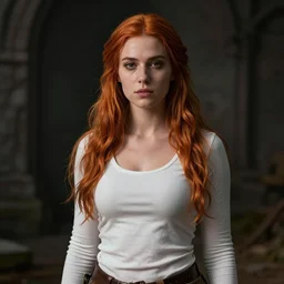 a portrait of a white woman in her twenties, she has long orange brown hair, white long tanktop, tomboy, medieval, style by donato giancola, wayne reynolds, jeff easley dramatic light, high detail, cinematic lighting, artstation, dungeons and dragons