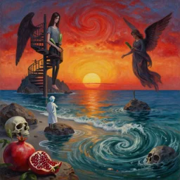 painting of sunrise, a flooded spanish art gallery in marbella beach, death, a tall emo girl, holding a courgette, skull, rocks by the sea, a spiral staircase, island, surgeon, pomegranates, a dark angel, a whirlpool in the ocean, swirls of red, zen, surrealist, by magritte and kawase and monet