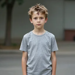 the thin boy is not tall for his 1 1 years. forever disheveled hair is complemented by a scar in the form of a lightning bolt on his forehead. the boy is dressed in clothes that are too big for him., photorealism, realism, sony a 7 r