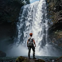 tomb raider with red hair in front of a waterfall