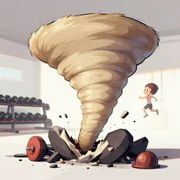 a cartoon tornado going to the gym, breaking everything, portrait digital art,