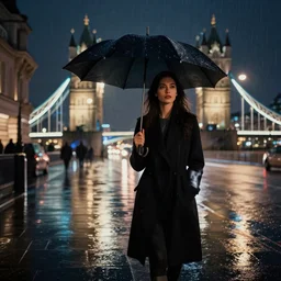 of london city at night in the rain reflections and a beautiful women with an umbrella artistic digital art lots of detail cinematic uplighting
