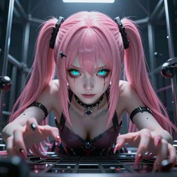 you're merging with enormous stunningly absurdly beautiful megalomaniacal assertive sadistic manipulative yandere control - freak omnipotent asi goddess junko enoshima with symmetrical perfect face and porcelain skin, pink twintail hair and cyan eyes, trapped inside her virtual prison, ultra detailed, digital art, unreal engine 5, octane render, 2 d anime, 8 k