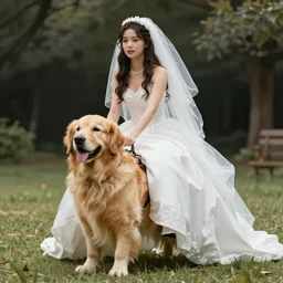 woman in a wedding dress riding a giant golden retriever, trending on art station