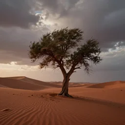 Red sand desert,tree,cloudy,windy,dusk,cinematic composition,cinematic lighting,photo real,hyper realistic,highly detailed,8k render