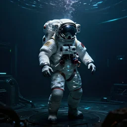 concept art by david cronenberg in the dark underwater diver astronaut underwater futuristic dark and empty room. complex technical suit design. reflection material. rays and dispersion of light breaking through the deep water. trend artstation, 3 5 mm, f / 3 2
