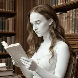 portrait of natalie portman reading in a library, long brown hair, hyperdetailed illustration by irakli nadar and alexandre ferra, intricate linework, white porcelain skin, faberge, unreal engine 5 highly rendered, global illumination, radiant light, detailed and intricate environment