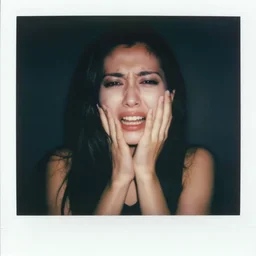 portrait of woman. photo, harsh lighting. agonizing pain. polaroid type 6 0 0. horror.