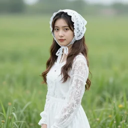 beautiful pioneer girl in a meadow, white lacy dress and bonnet, portrait