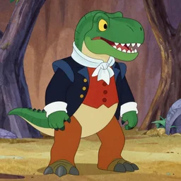An allosaurus dressed as a victorian gentleman on Masters of the Universe (1983), cartoon animation by Filmation, blu-ray transfer, 5k