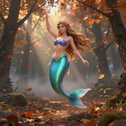 a detailed RPG portrait of a floating mermaid in an autumn forest with falling maple leaves by escume, twilight, crepuscular rays, fog, octane render, deviantart
